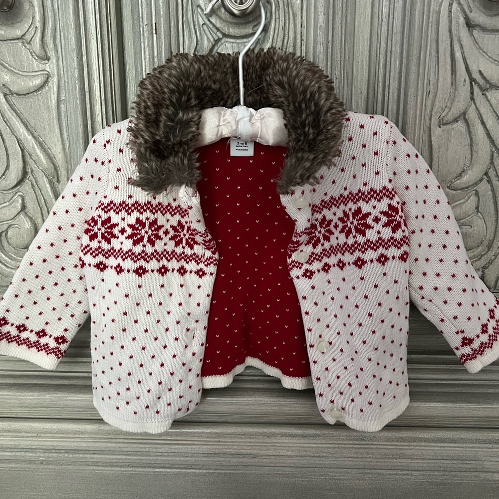 Janie and Jack Infant’s Faux Fur Collar Fair Isle Snowflake Sweater, 3-6 months